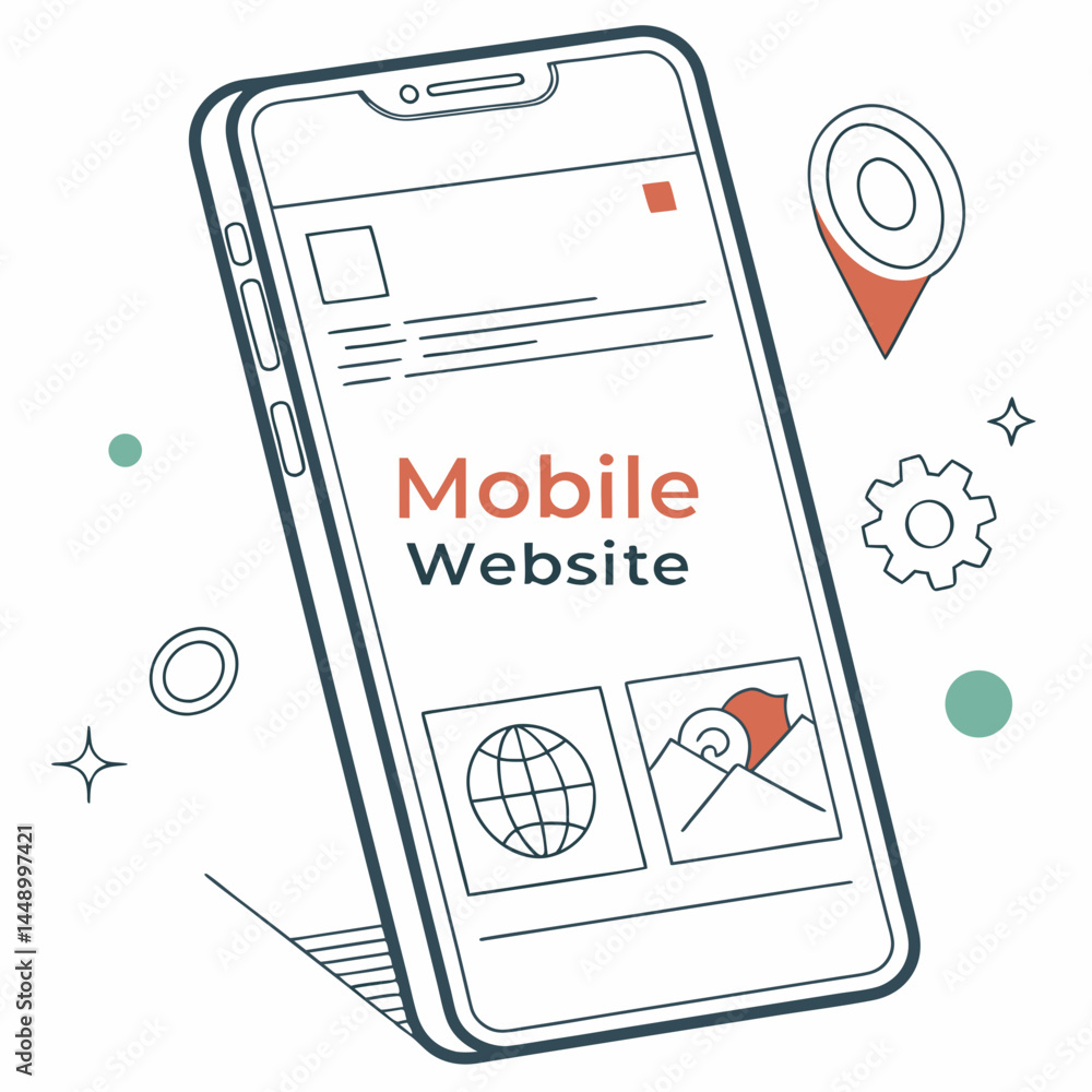 Poster mobile website outline design on device screen with location icon