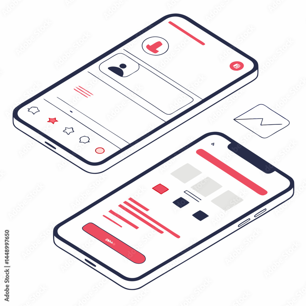 Poster two isometric mobile phones displaying different social media application user interfaces