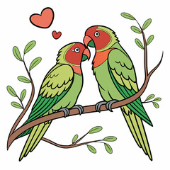 Adorable Lovebirds Perched On A Branch With Hearts Illustration Vector Graphic
