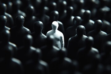 Obraz premium A single, light figure amidst a multitude of dark figures. Many figures are tightly packed together, with one distinct figure standing out