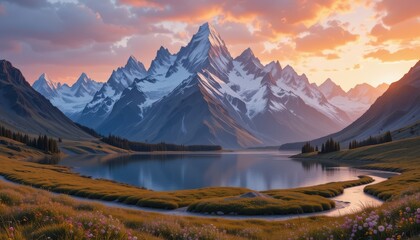 Obraz premium Mountain Lake Landscape at Sunset with Sky Reflection
