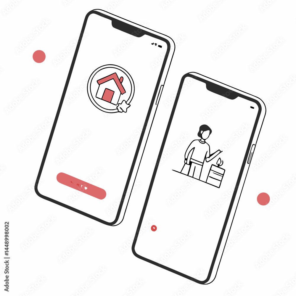 Poster two smartphones showing home and diy concepts on white background