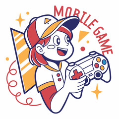 Cartoon Gamer Girl Playing Mobile Games With A Gamepad Illustration