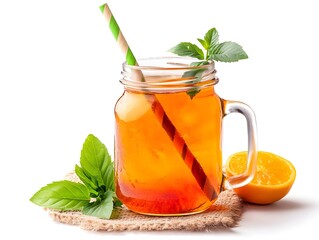 Refreshing iced tea with orange and mint in a mason jar glass with a paper straw on burlap.