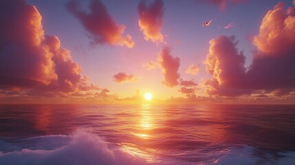 Fototapeta premium Ocean sunset, pink clouds, birds flying, calm sea, travel