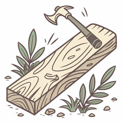 Axe Embedded In Wood With Leaves And Stones Cartoon Illustration