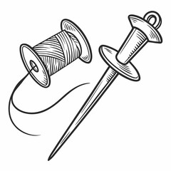 Vintage Style Sewing Tools Spool Of Thread And Awl Illustration