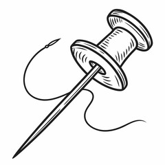 Hand Drawn Push Pin With Thread Isolated Vector Illustration