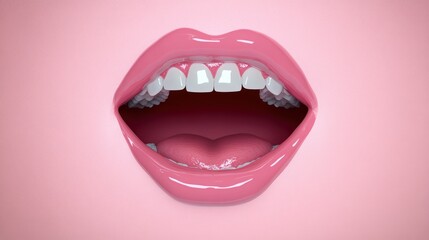 Naklejka premium Open mouth with white teeth and pink lips on light pink background studio shot