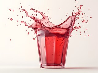 A vibrant red liquid splashes dramatically from a clear glass, creating an energetic and refreshing visual.