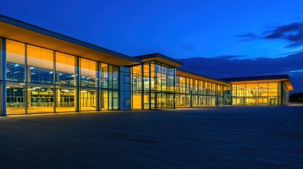 Obraz premium Modern building exterior with glass facade illuminated at twilight urban landscape