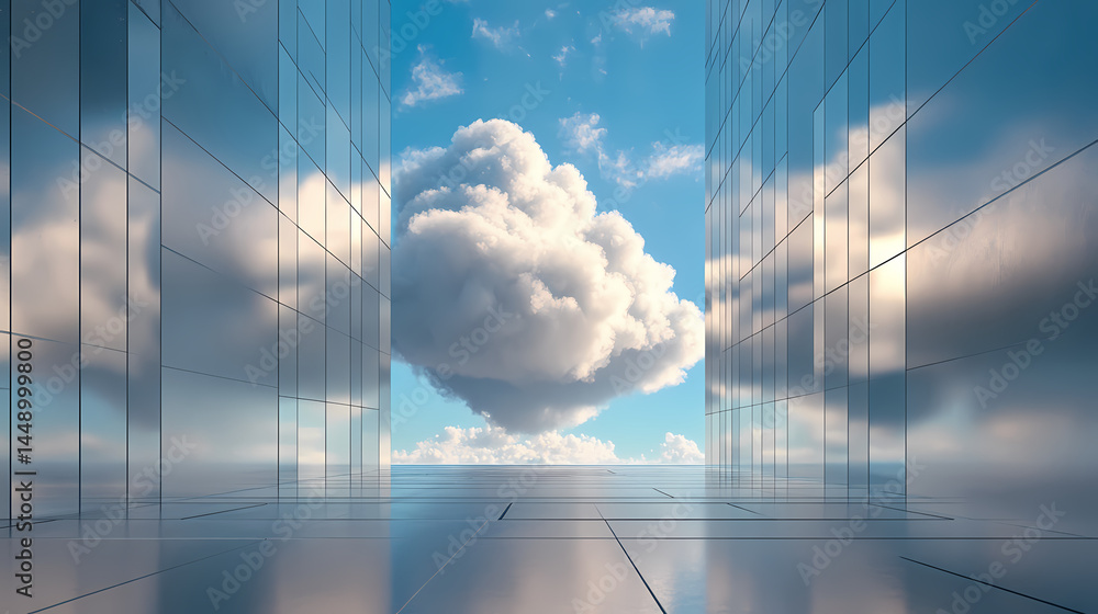 Wall mural surreal architecture with a giant cloud inside a metallic room. generative ai image. [dream architec