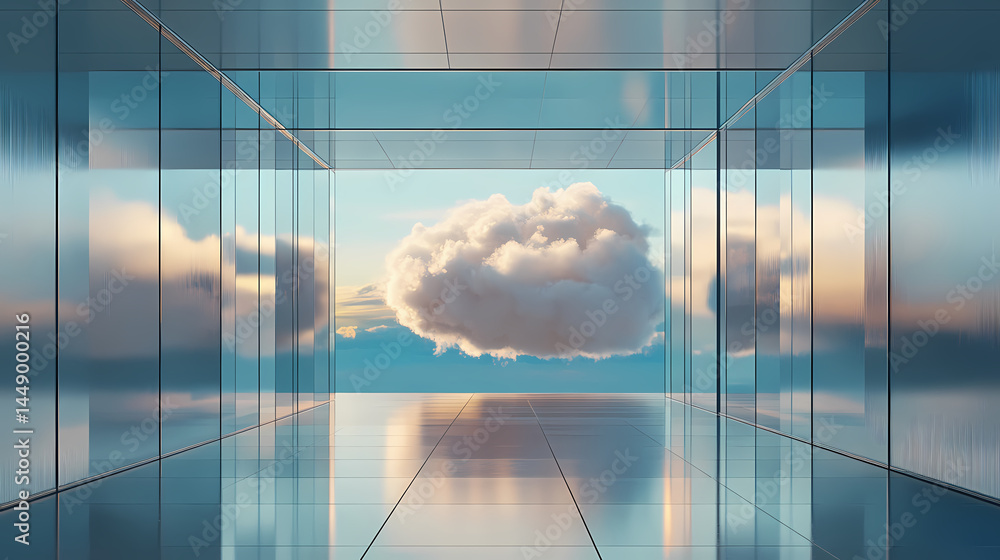 Wall mural surreal architecture with a giant cloud inside a metallic room. generative ai image. [dream architec