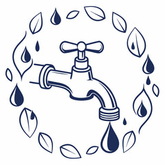 Water Conservation Tap With Leaves Eco Friendly Concept Line Art