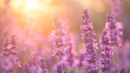 Naklejka premium Lavender flowers bloom under the warm sun during golden hour in a peaceful garden setting
