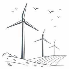 Minimalist Wind Turbines With Birds Flying Over The Field Illustration