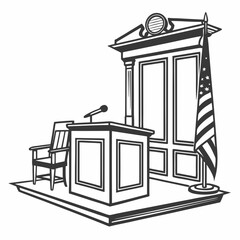 Courtroom Podium With American Flag Monochrome Law And Justice Illustration