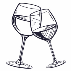 Toasting With Wine Glasses Detailed Black And White Outline Illustration