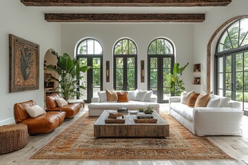 : Stunning Spanish colonial-style living room with white walls, dark wood beams, vintage furniture, leather accents, arched windows, and tropical plants in a neutral color palette.