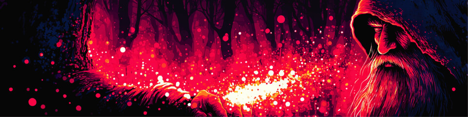 Mysterious Hooded Wizard Casting Magic Spell in Enchanted Forest, Vibrant Neon Fantasy Art Illustration
