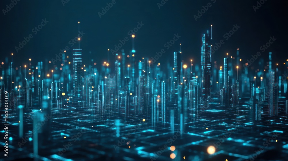 Poster futuristic cityscape illustration with glowing lines and data network connection