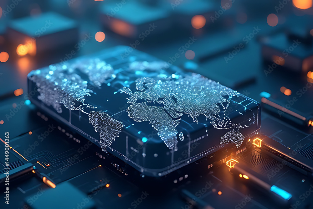 Poster digital data visualization global network technology illustration futuristic environment aerial view