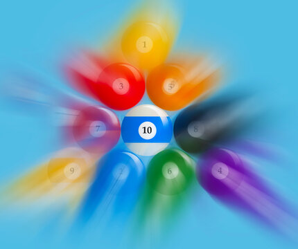 The billiard balls are racked for a game of ten ball in this blurred acton 3-d illustration..