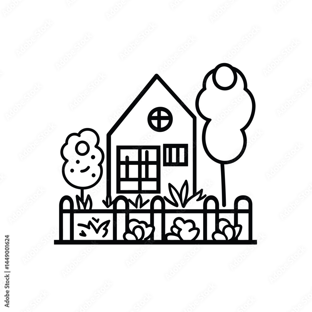 Poster house icon with garden, fence and trees line art isolated on transparent background