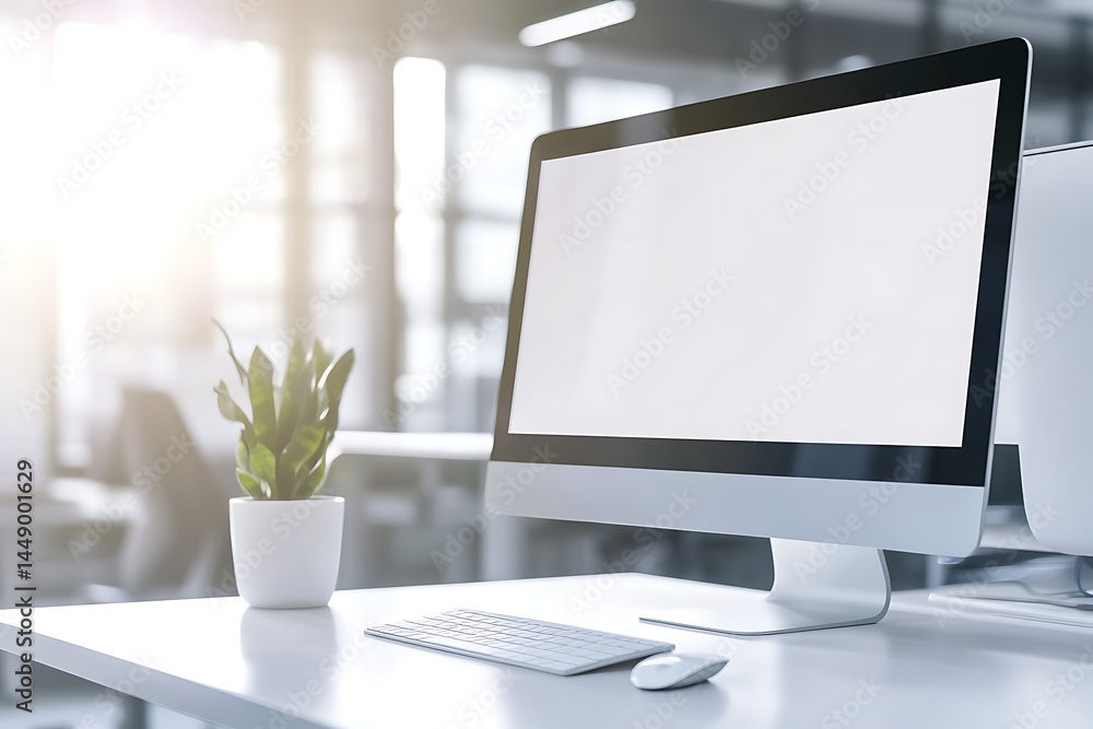 Poster blurred office background with a computer and white desk in a modern business work space