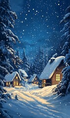 Naklejka premium Winter Night Landscape with Cabins Covered in Snow and Pine Trees