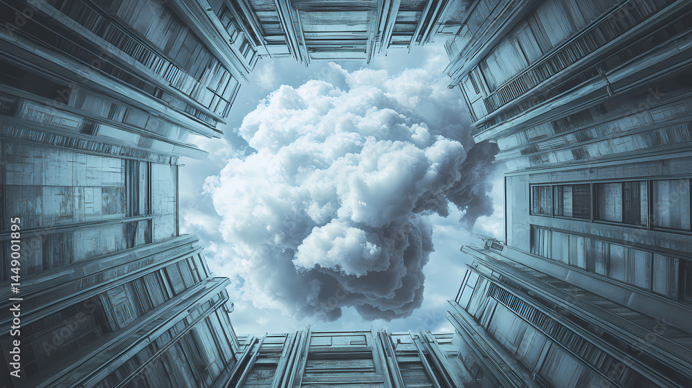 Wall mural surreal architecture with a giant cloud inside a metallic room. generative ai image. [dream architec