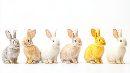 Obraz premium Collection of adorable rabbits in various colors arranged in a line on a light background