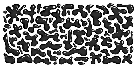 Black glossy liquid shapes, droplets. Bundle of monochrome y2k bubbles with light 3D effect. Dark background with psychedelic fluid blobs. Set of intense chrome amorphous blots 