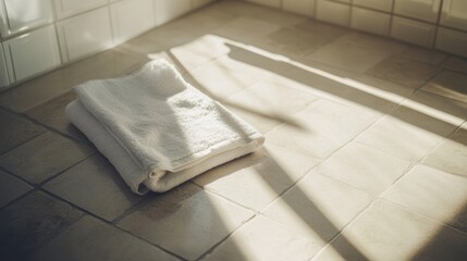 Soft White Towel on Sunlit Bathroom Floor with Shadows in the Background