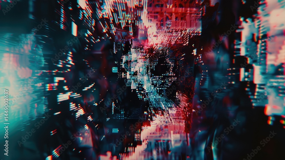 Poster this abstract 3d optical illusion features a vibrant glitch texture, creating a dynamic visual exper
