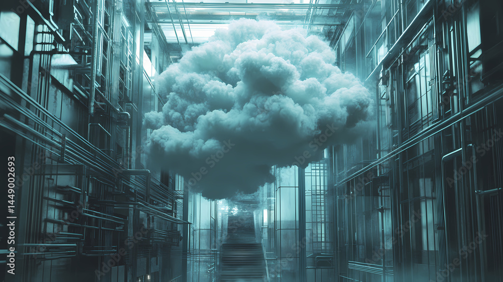 Sticker surreal architecture with a giant cloud inside a metallic room. generative ai image. [dream architec
