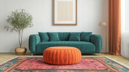 a sophisticated living room setup featuring a plush teal velvet