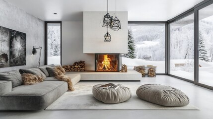 a serene and modern living room retreat featuring a cozy firepla