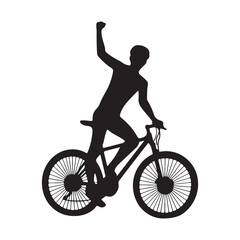 Silhouette of cyclist celebrating victory on mountain bike vector illustration isolated on white background