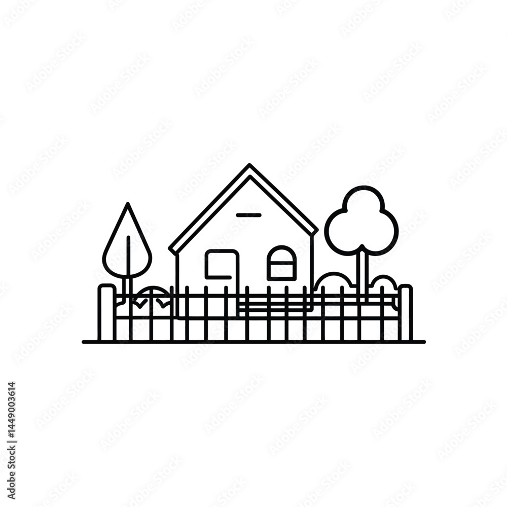 Poster minimalist house with trees and fence line art icon on transparent background