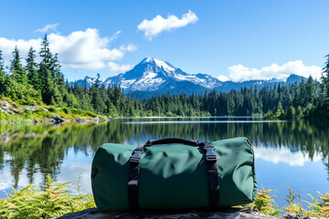 Serene lake landscape with a green duffel bag and majestic mountain view
