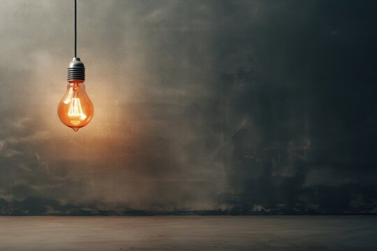 Illuminated vintage light bulb hanging in dark room with copy space. Concept of innovation, inspiration, and creativity. Energy efficiency day. Edison bulb for retro interior design.