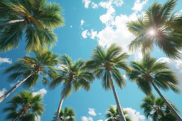 Tropical paradise Lush palm trees sway gently under a vibrant blue sky sun shining through leaves creating a tranquil