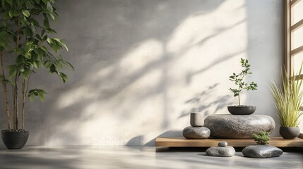 Minimalist zen interior with smooth gray walls, sunlight shadows, potted plants, and smooth stones on a wooden platform and floor. Tranquil space