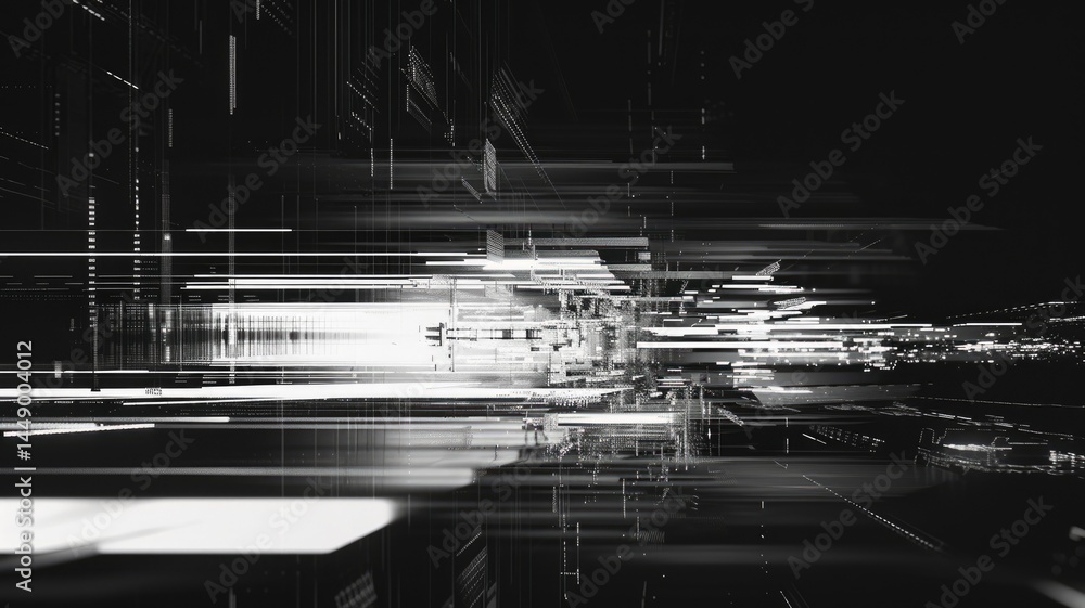Poster abstract of complex glitch with pixel effect in dark background use shading and monochrome to expres