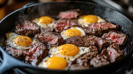 Juicy steak cooked to perfection with sunny side up eggs in a cast iron skillet in a cozy kitchen