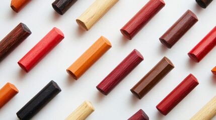 Flat lay image of red and brown crayons laid out on a white surface