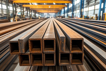 Rows of rectangular hollow sections stacked in an industrial setting