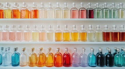 arranged bottles on white shelves displaying a spectrum of tinted liquids creating a colorful gradient pattern of light and shadows filling the frame