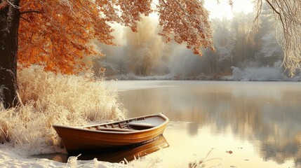Golden autumn leaves reflect in tranquil waters with a lonely boat at a serene lakeside